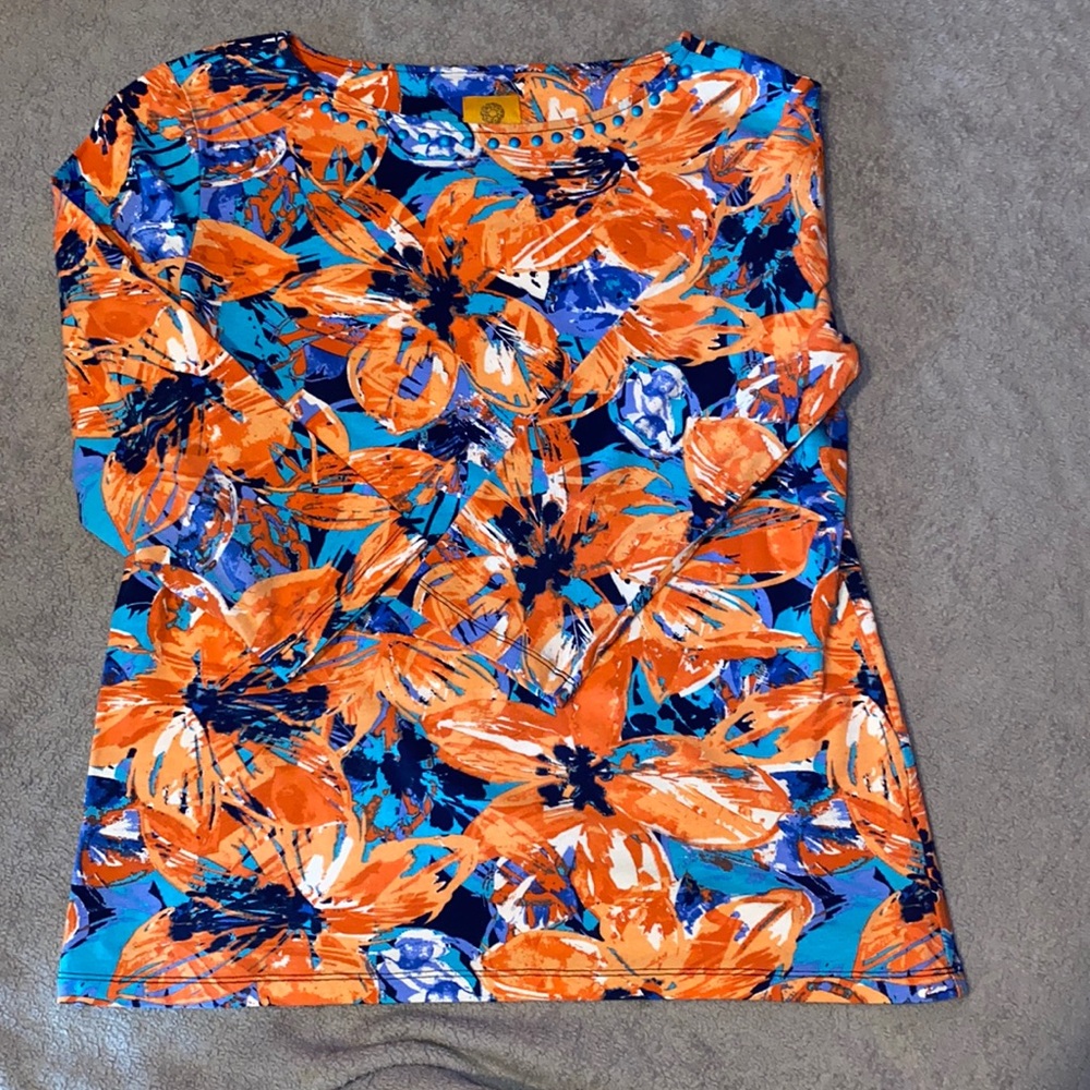 🧡Ruby Rd. Medium tropical 3/4 sleeve cotton knit